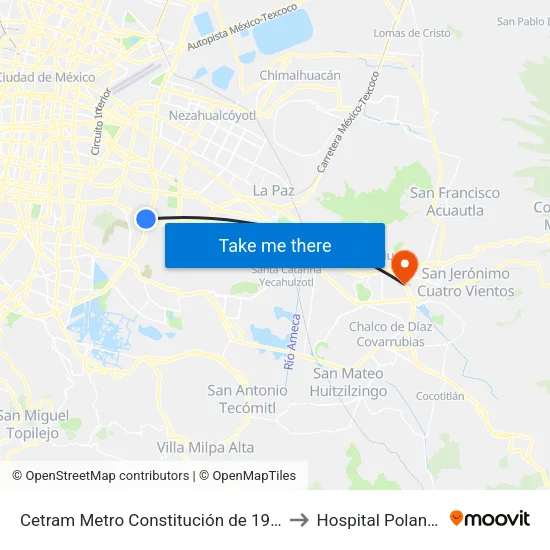 Cetram Metro Constitución de 1917 to Hospital Polanco map