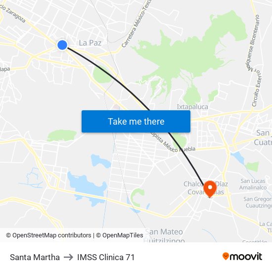 Santa Martha to IMSS Clinica 71 map