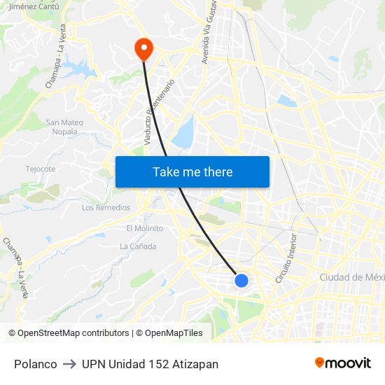 Polanco to UPN Unidad 152 Atizapan map