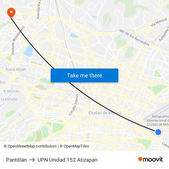 Pantitlán to UPN Unidad 152 Atizapan map