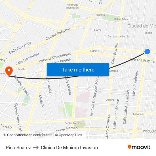 Pino Suárez to Clínica De Mínima Invasión map