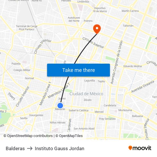 Balderas to Instituto Gauss Jordan map