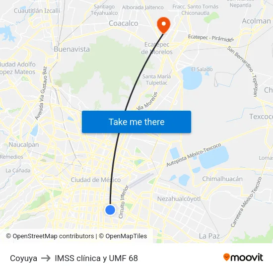 Coyuya to IMSS clínica y UMF 68 map
