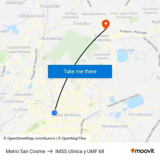 Metro San Cosme to IMSS clínica y UMF 68 map