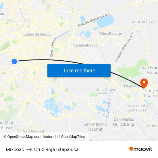 Mixcoac to Cruz Roja Ixtapaluca map