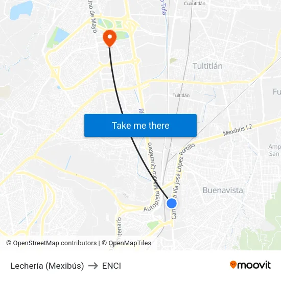 Lechería (Mexibús) to ENCI map