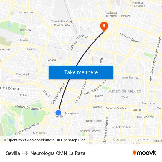 Sevilla to Neurología CMN La Raza map