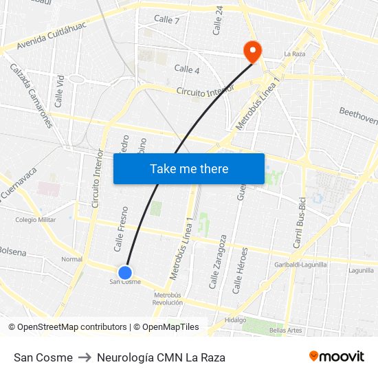 San Cosme to Neurología CMN La Raza map