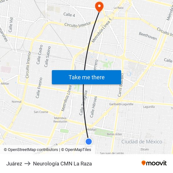 Juárez to Neurología CMN La Raza map