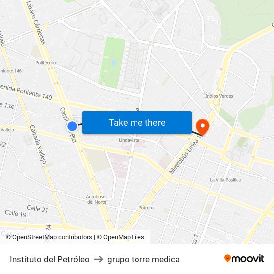 Instituto del Petróleo to grupo torre medica map