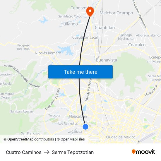 Cuatro Caminos to Serme Tepotzotlan map
