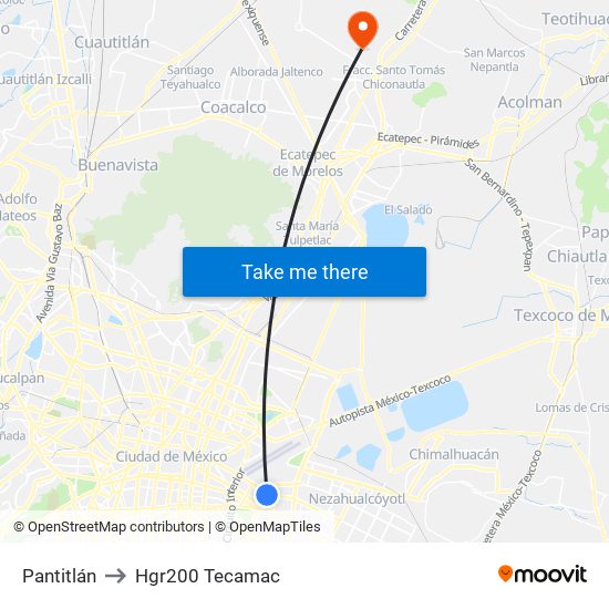 Pantitlán to Hgr200 Tecamac map