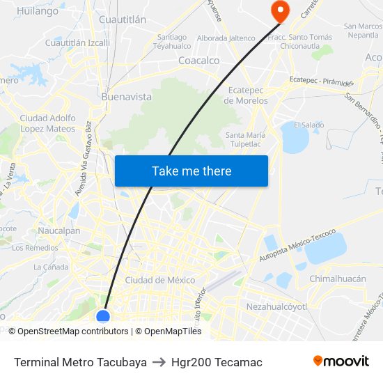 Terminal Metro Tacubaya to Hgr200 Tecamac map