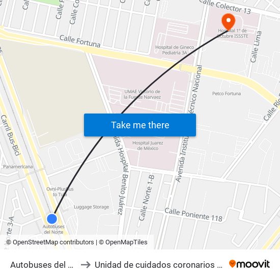 Autobuses del Norte to Unidad de cuidados coronarios - ISSSTE map