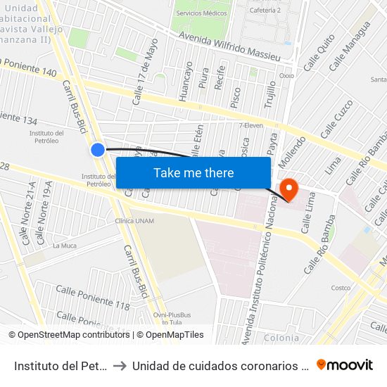 Instituto del Petróleo to Unidad de cuidados coronarios - ISSSTE map