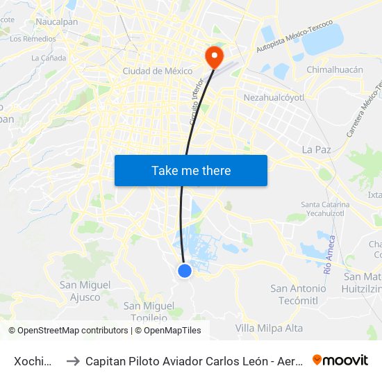 Xochimilco to Capitan Piloto Aviador Carlos León - Aeropuerto Civil map