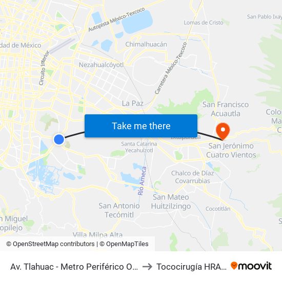 Av. Tlahuac - Metro Periférico Ote. to Tococirugía HRAEI map