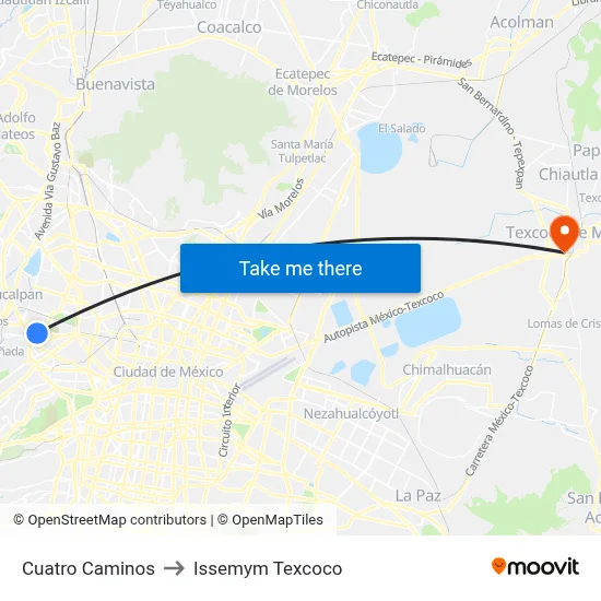 Cuatro Caminos to Issemym Texcoco map