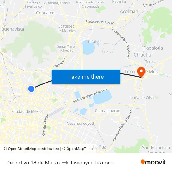 Deportivo 18 de Marzo to Issemym Texcoco map