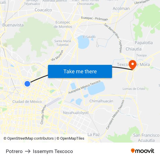 Potrero to Issemym Texcoco map