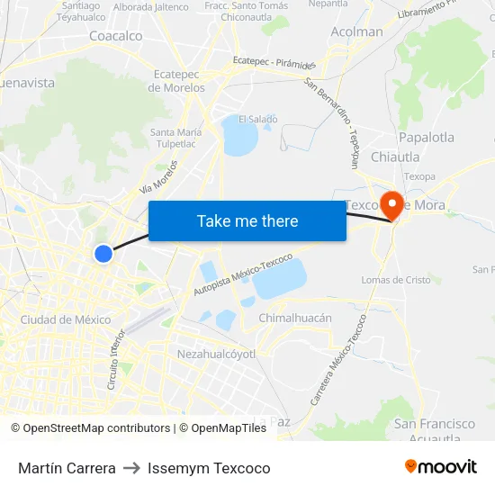 Martín Carrera to Issemym Texcoco map