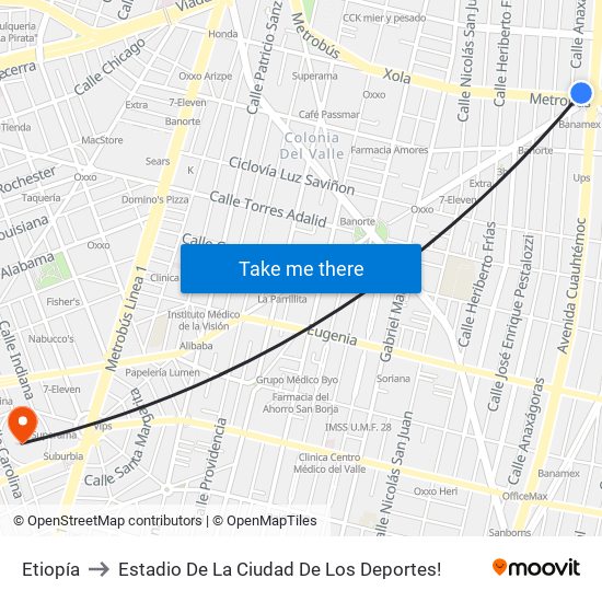 Etiopía to Estadio De La Ciudad De Los Deportes! map