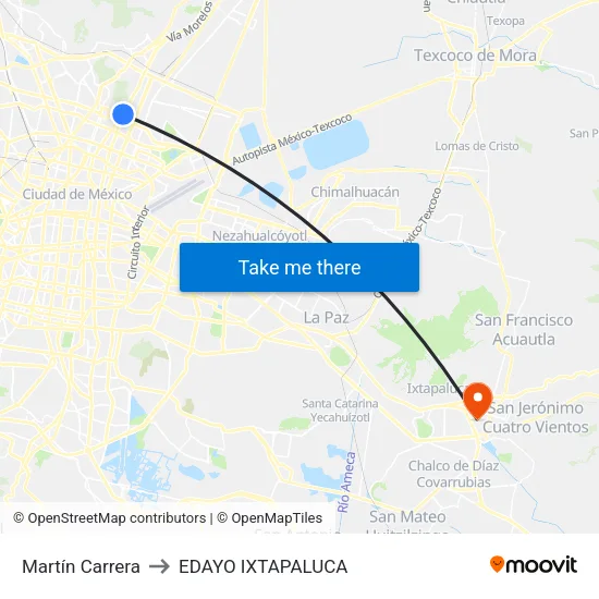 Martín Carrera to EDAYO IXTAPALUCA map