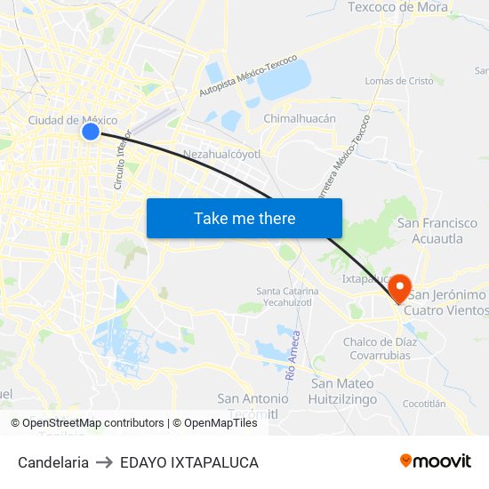 Candelaria to EDAYO IXTAPALUCA map