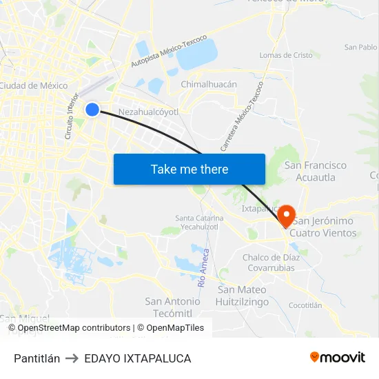 Pantitlán to EDAYO IXTAPALUCA map