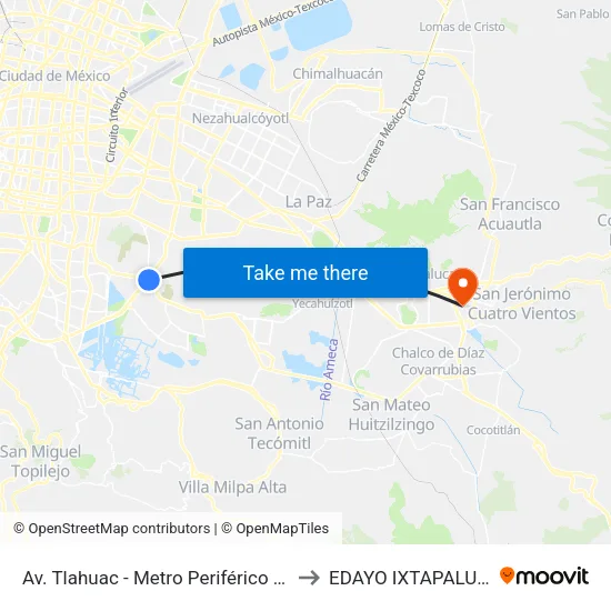 Av. Tlahuac - Metro Periférico Ote. to EDAYO IXTAPALUCA map