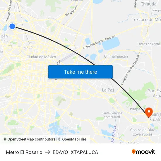 Metro El Rosario to EDAYO IXTAPALUCA map