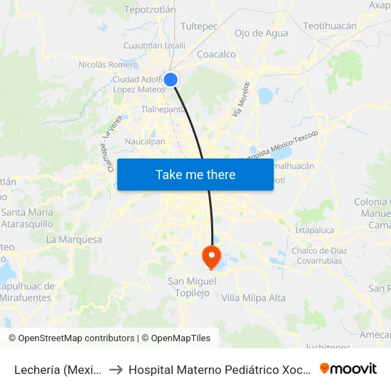 Lechería (Mexibús) to Hospital Materno Pediátrico Xochimilco map