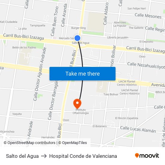 Salto del Agua to Hospital Conde de Valenciana map