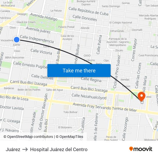 Juárez to Hospital Juárez del Centro map