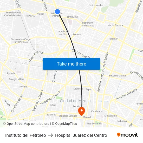 Instituto del Petróleo to Hospital Juárez del Centro map