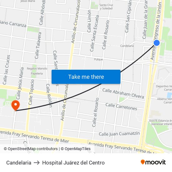 Candelaria to Hospital Juárez del Centro map