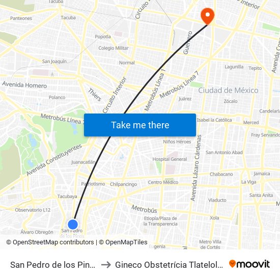 San Pedro de los Pinos to Gineco Obstetrícia Tlatelolco map