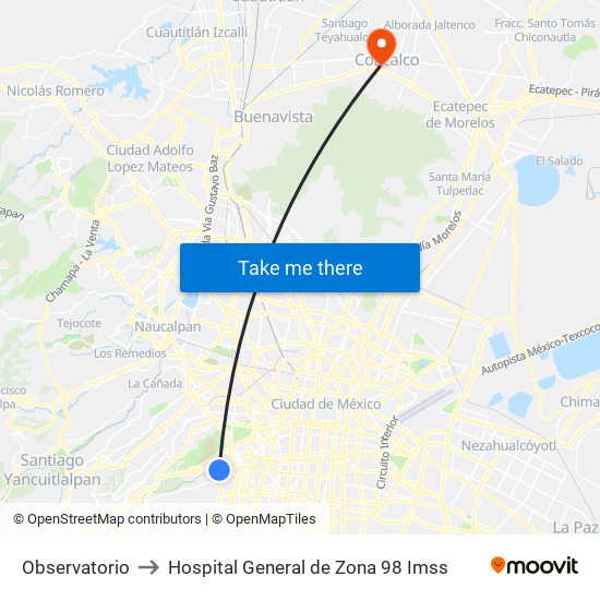 Observatorio to Hospital General de Zona 98 Imss map