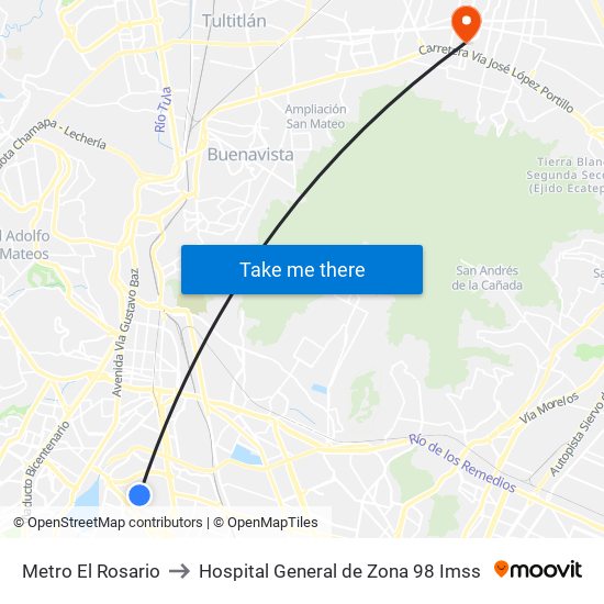 Metro El Rosario to Hospital General de Zona 98 Imss map