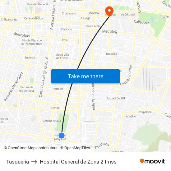 Tasqueña to Hospital General de Zona 2 Imss map