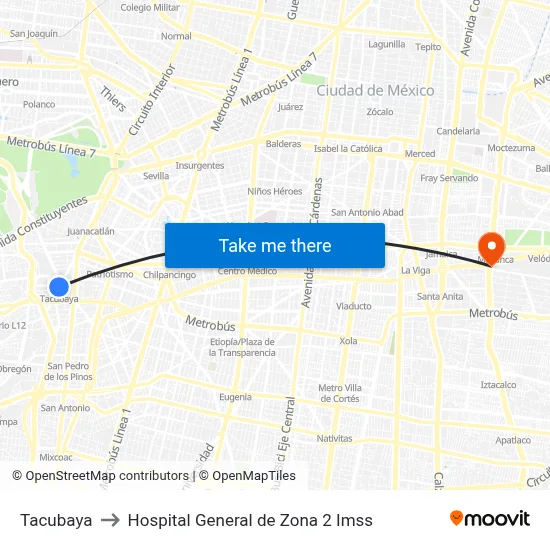 Tacubaya to Hospital General de Zona 2 Imss map