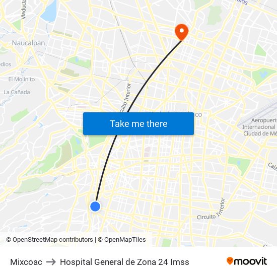Mixcoac to Hospital General de Zona 24 Imss map