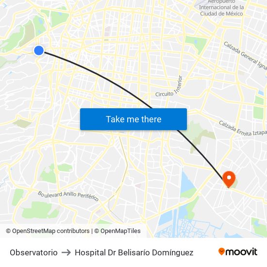 Observatorio to Hospital Dr Belisarío Domínguez map