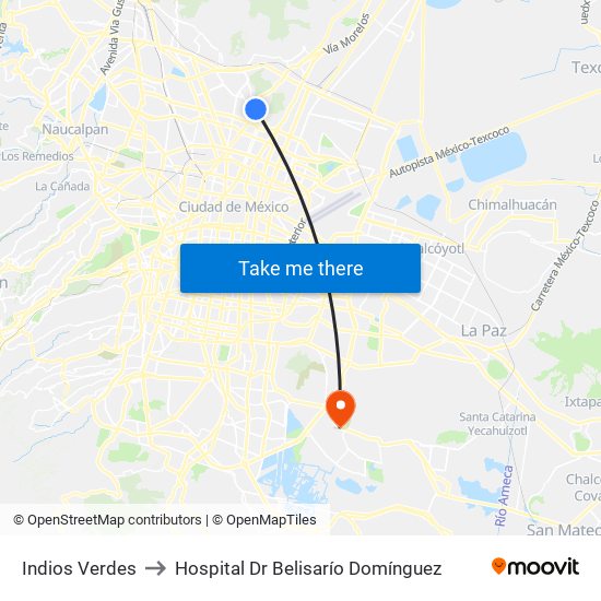 Indios Verdes to Hospital Dr Belisarío Domínguez map