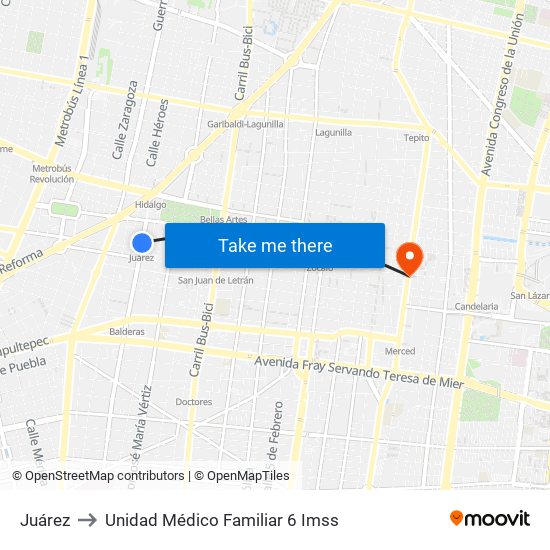 Juárez to Unidad Médico Familiar 6 Imss map