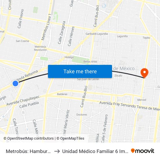 Metrobús: Hamburgo to Unidad Médico Familiar 6 Imss map