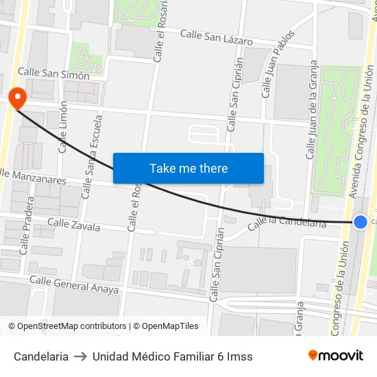 Candelaria to Unidad Médico Familiar 6 Imss map