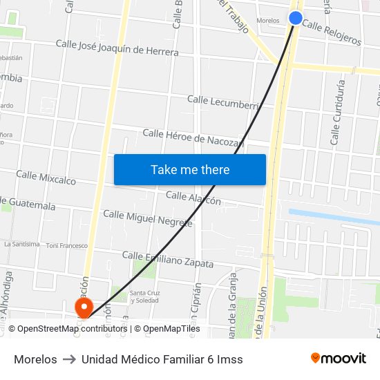 Morelos to Unidad Médico Familiar 6 Imss map