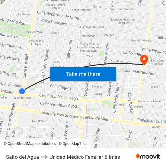 Salto del Agua to Unidad Médico Familiar 6 Imss map