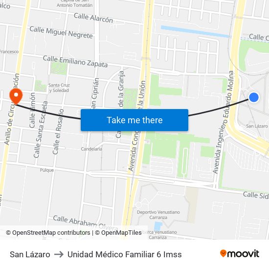San Lázaro to Unidad Médico Familiar 6 Imss map